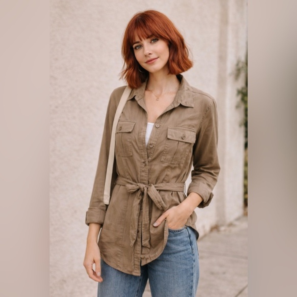 🤎 Level 99 Linen Blend Utility Cargo Minimalist Button-Up Shirt | Size Large